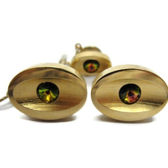 Sarah Coventry Cufflinks Set Swarovski Crystal Gold Tone Wedding Tux Vintage - Picture 12 of 13